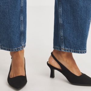 JUL271 Navy Flexi Sole Kitten Heel Slingback Shoes In Wide Fit