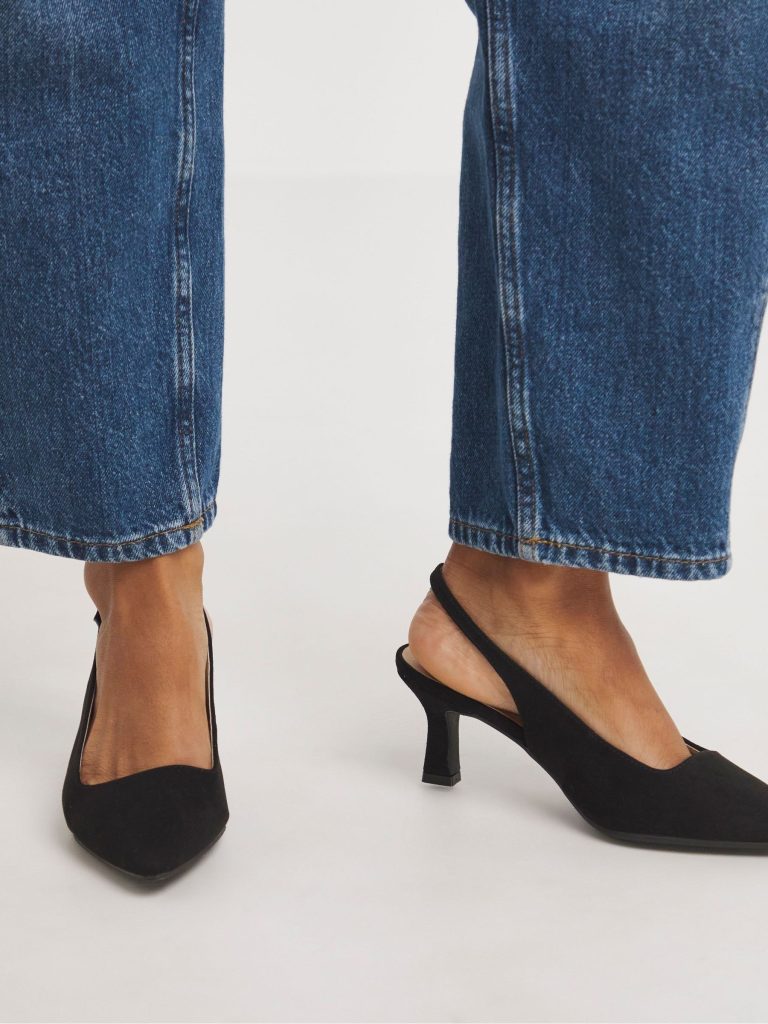 JUL271 Navy Flexi Sole Kitten Heel Slingback Shoes In Wide Fit