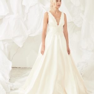 JUL246 Beaded Satin Ball Gown with Open Back
