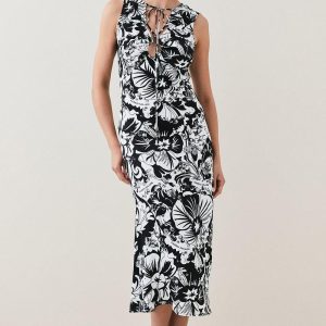 JUL266 Scarf Print Viscose Strong Shoulder Dress