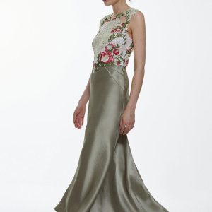 JUL255 Petite Guipure Lace Satin Woven Maxi Dress