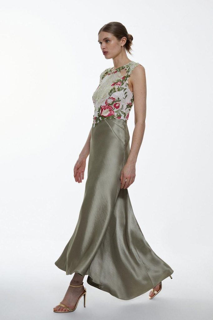 JUL255 Petite Guipure Lace Satin Woven Maxi Dress