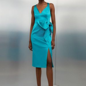 JUL254 Italian Satin Bow Detail Cross Back Midi Dress