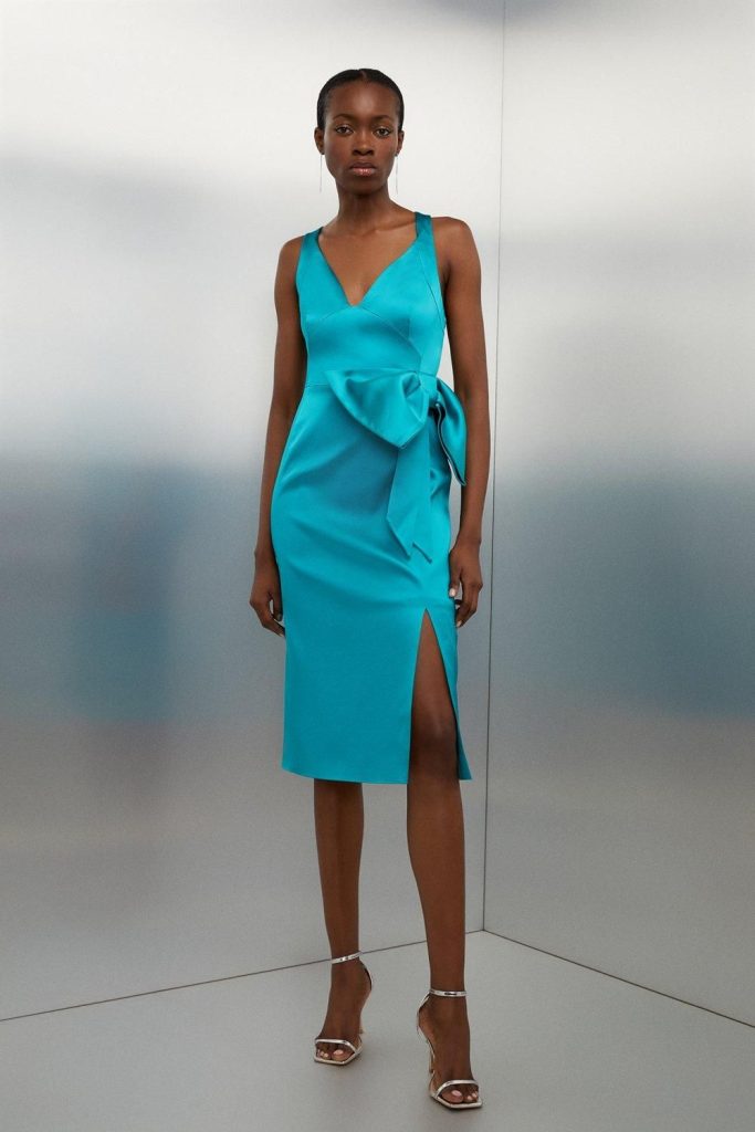 JUL254 Italian Satin Bow Detail Cross Back Midi Dress