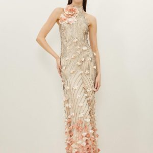 JUL257 Petite Floral Applique Woven Maxi Rosette Maxi