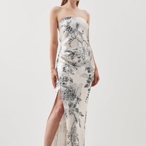 JUL256 Floral Strapless Premium Satin Panelled Woven Midaxi Dress