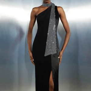 JUL261 Viscose Satin Back Crepe Embellished Tie Detail Midi Dress