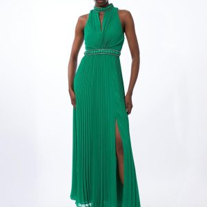 JUL253 Halter Diamante Enamel Trim Woven Pleated Split Maxi Dress