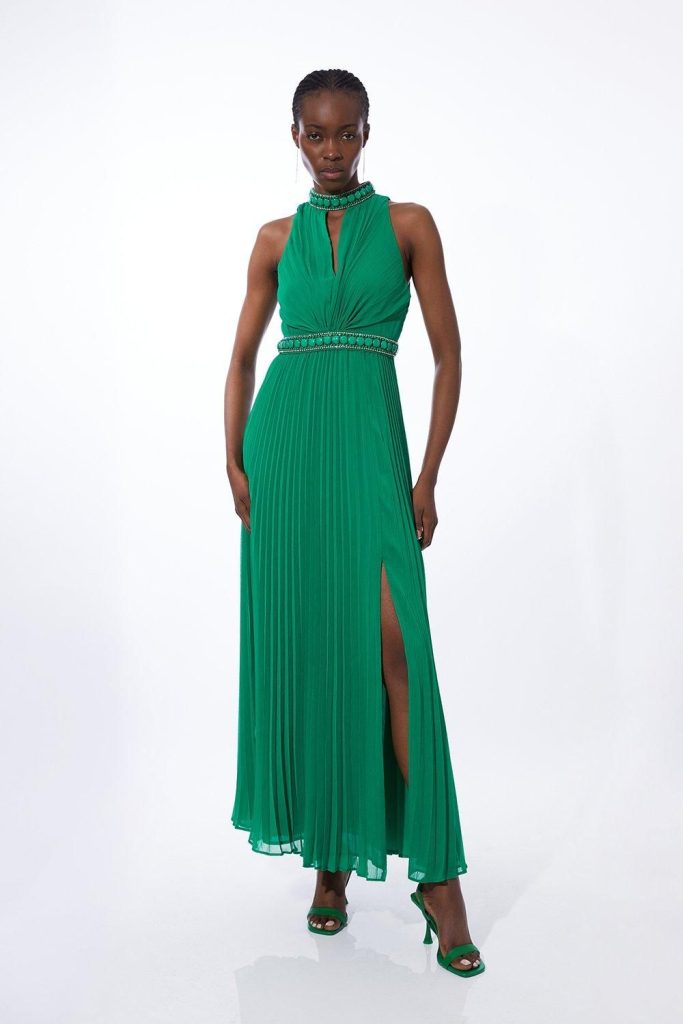 JUL253 Halter Diamante Enamel Trim Woven Pleated Split Maxi Dress