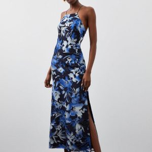 JUL258 Petite Satin Floral Devore Woven Strappy Maxi Dress