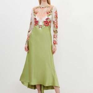 JUL259 Tall Premium Satin Guipure Lace Maxi Dress