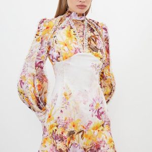 JUL251 Petite Trailing Floral Woven Plunge Mini Dress