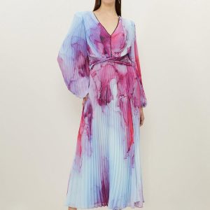 JUL252 Petite Marble Printed Soft Pleated Woven Maxi Dress