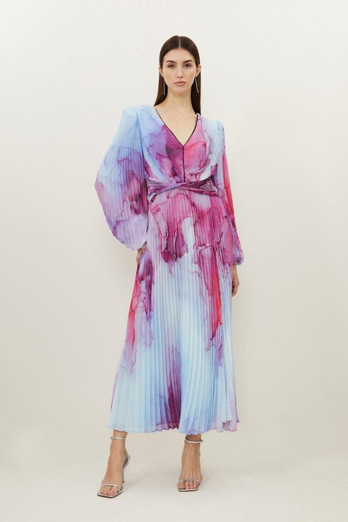 JUL252 Petite Marble Printed Soft Pleated Woven Maxi Dress