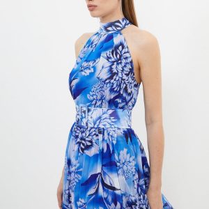 JUL248 Blue Rose Print Pleated Mini Dress
