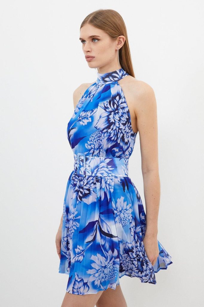 JUL248 Blue Rose Print Pleated Mini Dress